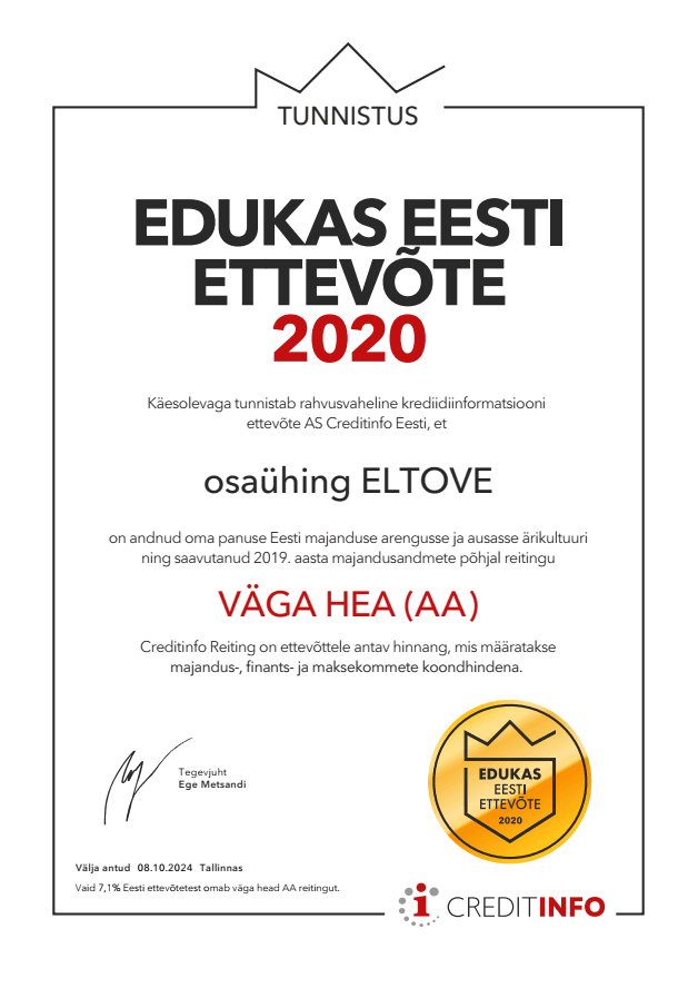 Eltove OÜ sertifikaat 2020