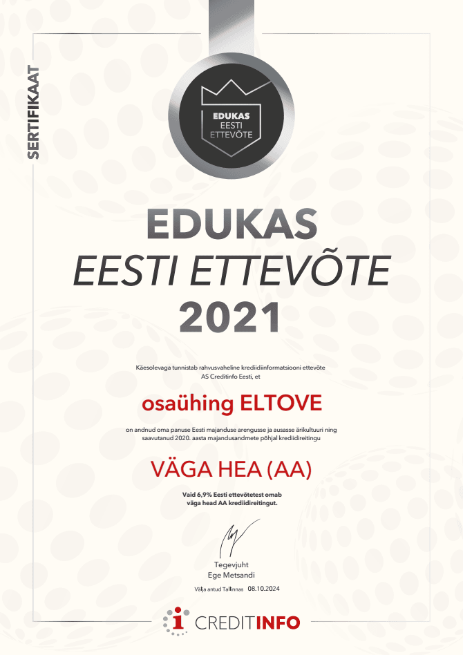 Eltove OÜ sertifikaat 2021