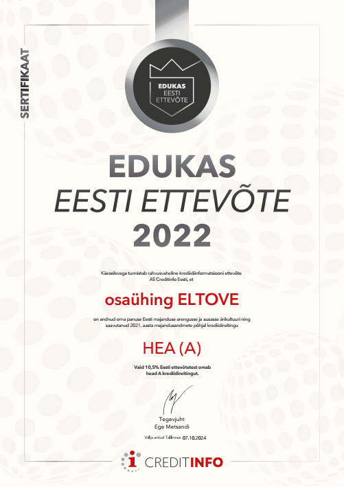 Eltove OÜ sertifikaat 2022